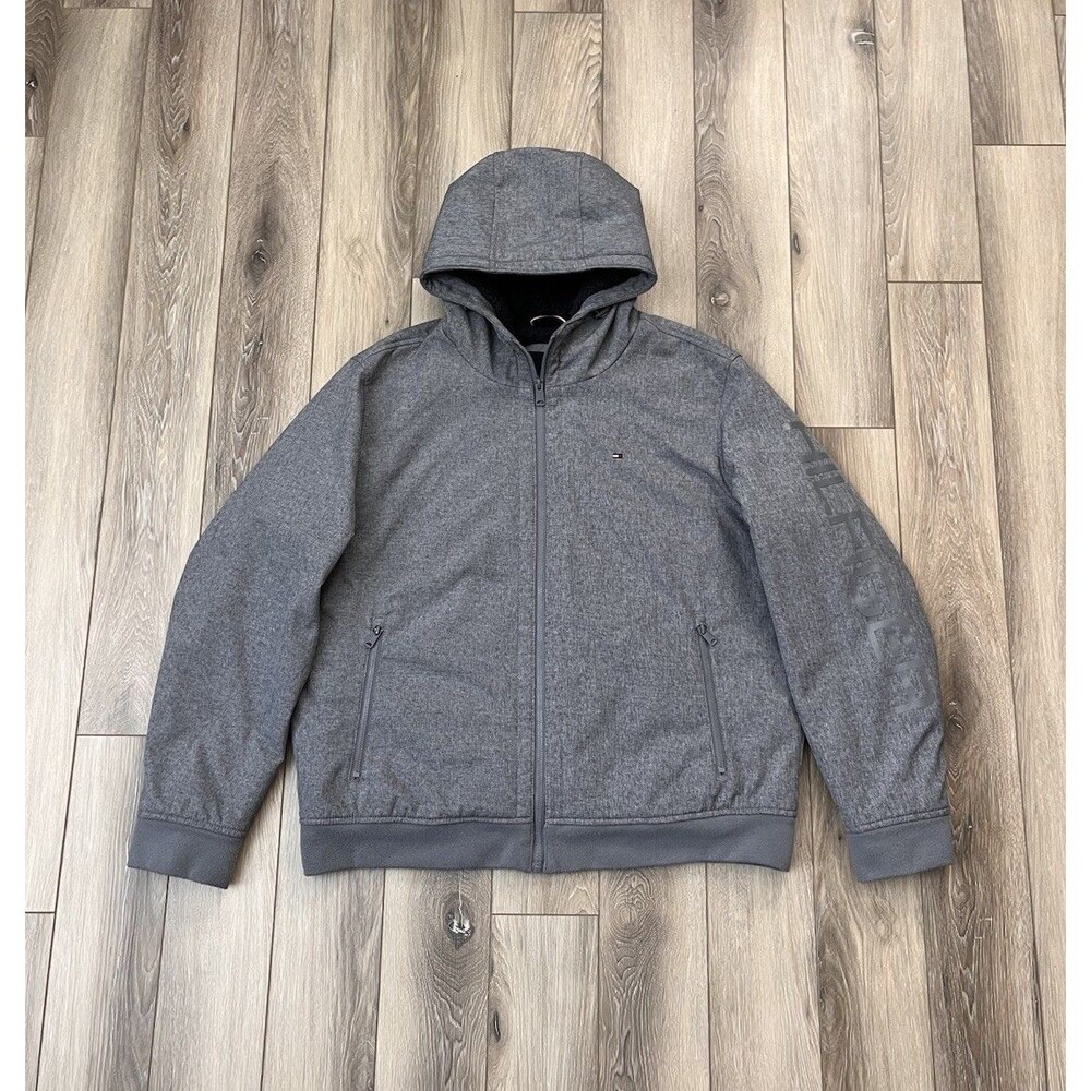 Tommy Hilfiger Men's Sz XL Gray Hooded Full Zip Fleece Lined Bomber Jacket Coat
